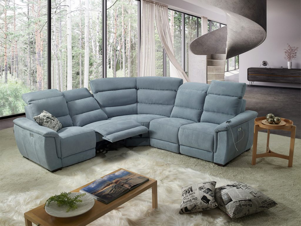 charme divano angolare con relax elettrici azzurro