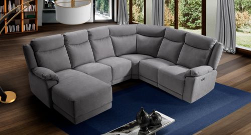 Divano angolare con relax elettrico e chaise longue, in microfibra antimacchia grigio scuro