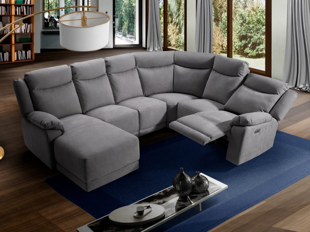 Divano angolare con relax elettrico e chaise longue, in microfibra antimacchia grigio scuro