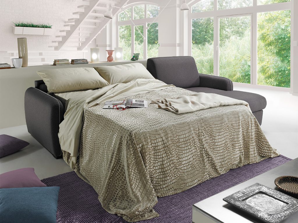 Divano Angolare letto con chaise longue contenitore, in tessuto completamente sfoderabile