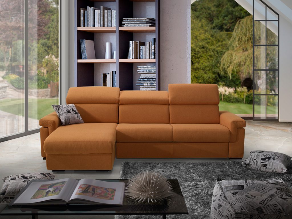 Divano angolare con chaise longue contenitore in tessuto completamente sfoderabile