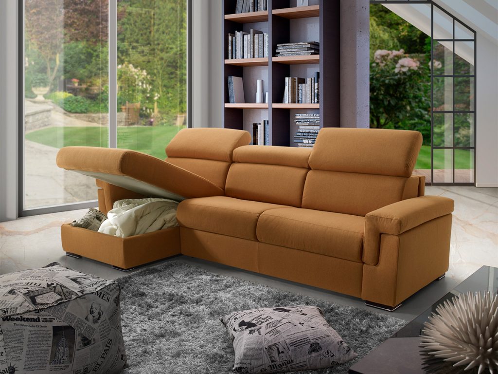 Divano angolare con chaise longue contenitore in tessuto completamente sfoderabile