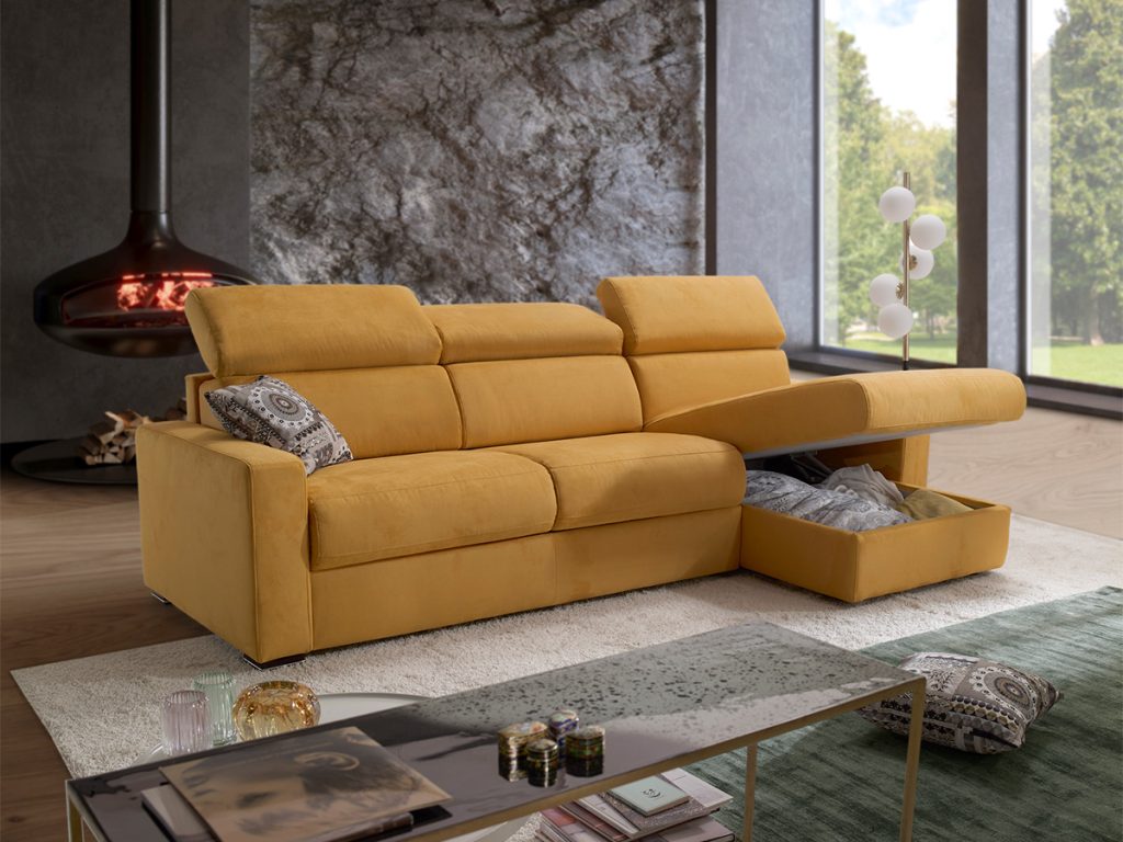 Divano angolare letto con chaise longue contenitore in tessuto