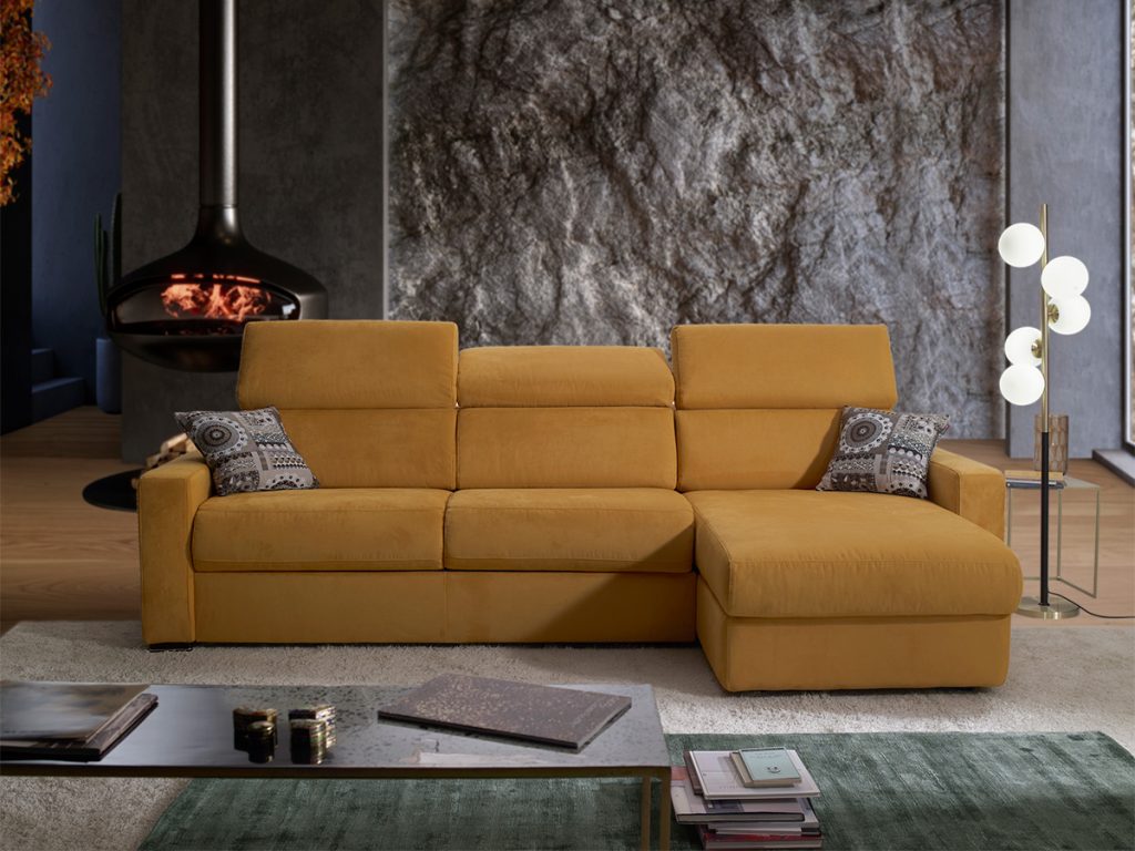 Divano angolare letto con chaise longue contenitore in tessuto