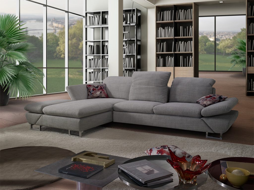 Divano angolare 3 posti letto delfino con chaise longue 2 braccioli in tessuto grigio