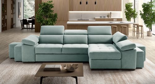 Milos Divano angolare con chaise longue contenitore azzurro con pouf contenitori