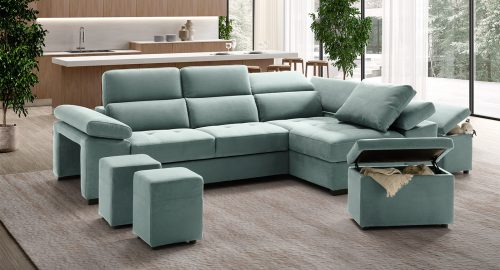 Milos Divano angolare con chaise longue contenitore azzurro con pouf contenitori