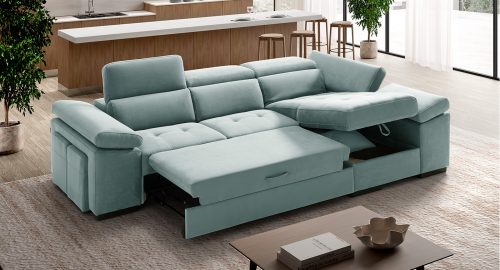Milos Divano angolare con chaise longue contenitore azzurro con pouf contenitori