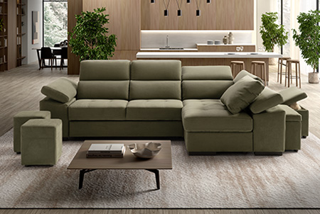 Milos Divano angolare con chaise longue contenitore verde con pouf contenitori