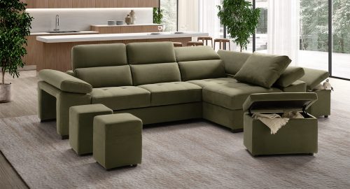 Milos Divano angolare con chaise longue contenitore verde con pouf contenitori