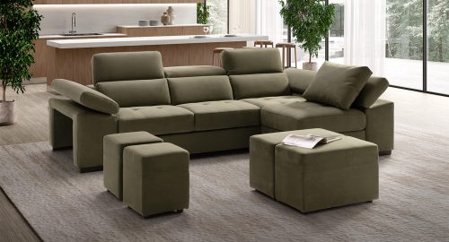 Milos Divano angolare con chaise longue contenitore verde con pouf contenitori