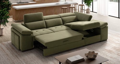 Milos Divano angolare con chaise longue contenitore verde con pouf contenitori