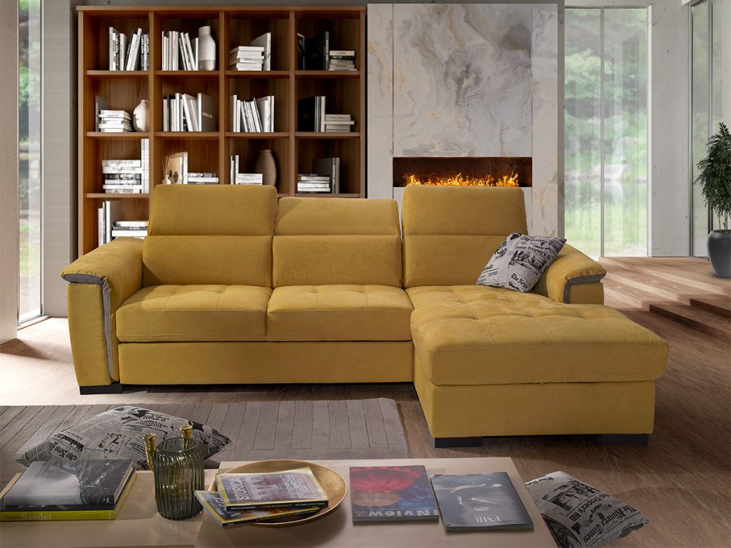 Milos Divano angolare con chaise longue contenitore ocra
