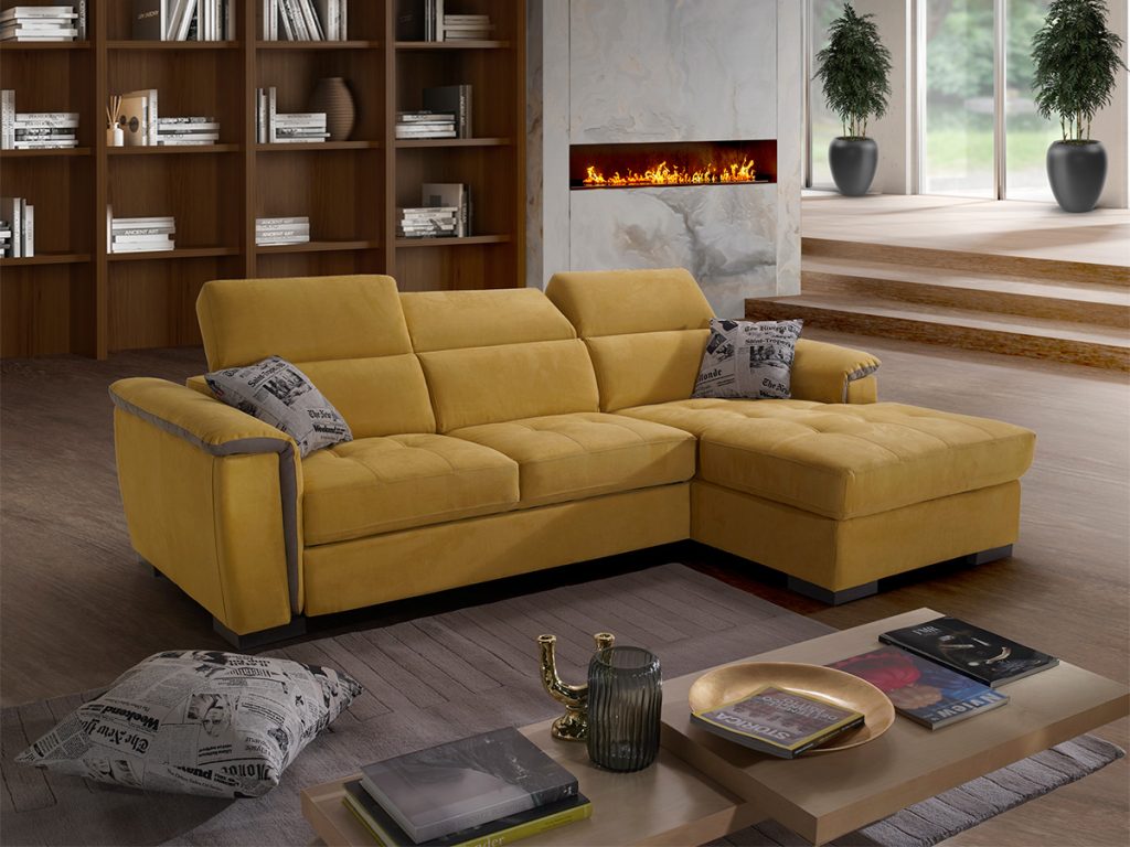 Milos Divano angolare con chaise longue contenitore ocra