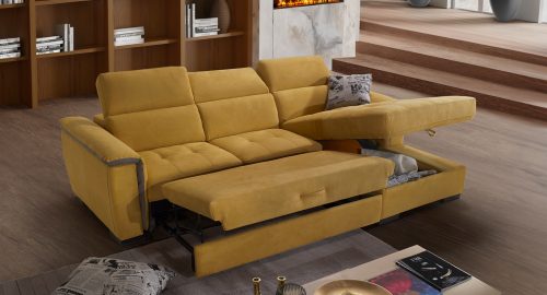 Milos Divano angolare con chaise longue contenitore ocra