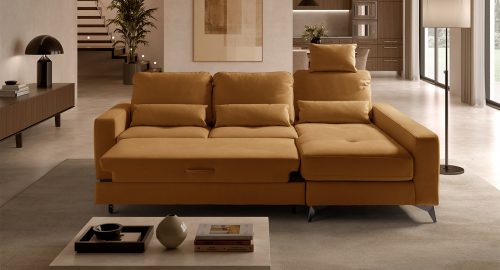 Mozia divano angolare con chaise longue contenitore in tessuto cuoio