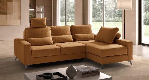 Mozia divano angolare con chaise longue contenitore in tessuto cuoio