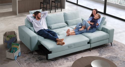 Mozia divano angolare con chaise longue contenitore in tessuto azzurro