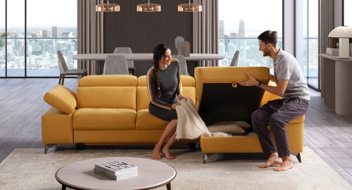 sandy divano angolare con chaise longue e doppio bracciolo regolabile giallo