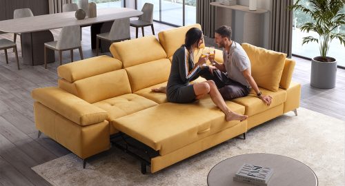 sandy divano angolare con chaise longue e doppio bracciolo regolabile giallo