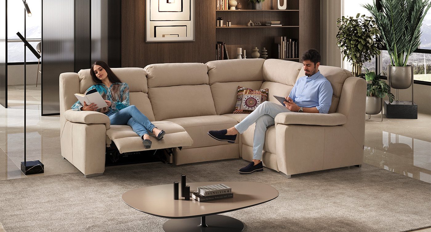 spring divano angolare con relax elettrico beige
