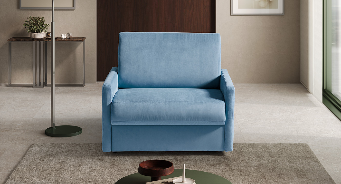 Poltrona letto in tessuto azzurro