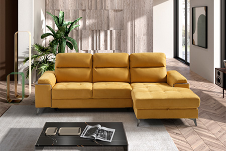 arizona divano angolare con chaise longue contenitore letto delfino estraibile in tessuto microfibra antimacchia idrorepellente giallo