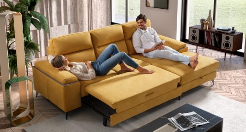 arizona divano angolare con chaise longue contenitore letto delfino estraibile in tessuto microfibra antimacchia idrorepellente giallo