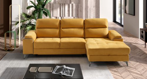 arizona divano angolare con chaise longue contenitore letto delfino estraibile in tessuto microfibra antimacchia idrorepellente giallo