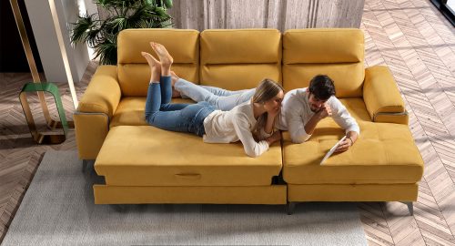 arizona divano angolare con chaise longue contenitore letto delfino estraibile in tessuto microfibra antimacchia idrorepellente giallo