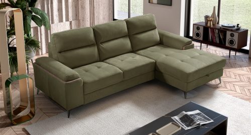 arizona divano angolare con chaise longue contenitore letto delfino estraibile in tessuto microfibra antimacchia idrorepellente verde