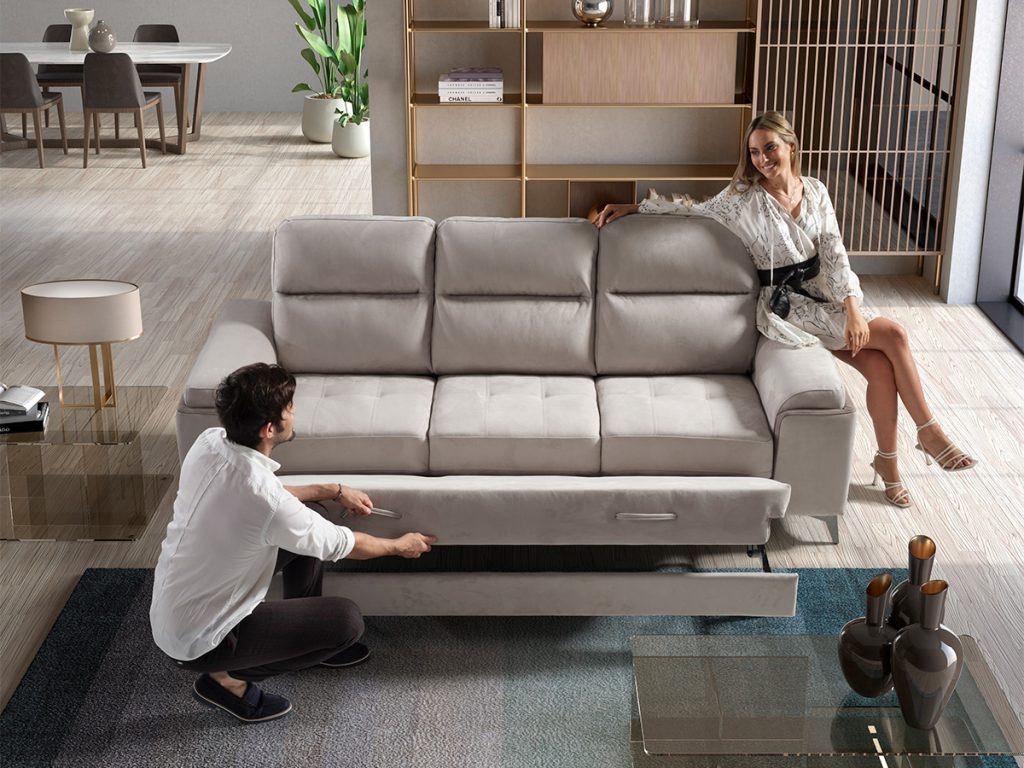 Divano letto delfino in tessuto antimacchia grigio