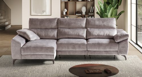 Divano angolare con 2 sedute scorrevoli e chaise longue contenitore scorrevole in tessuto antimacchia