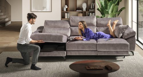 Divano angolare con 2 sedute scorrevoli e chaise longue contenitore scorrevole grigio