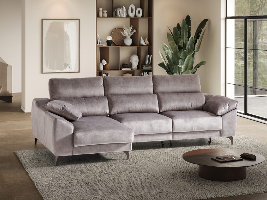 Divano angolare con 2 sedute scorrevoli e chaise longue contenitore scorrevole in tessuto Nora Gris Claro