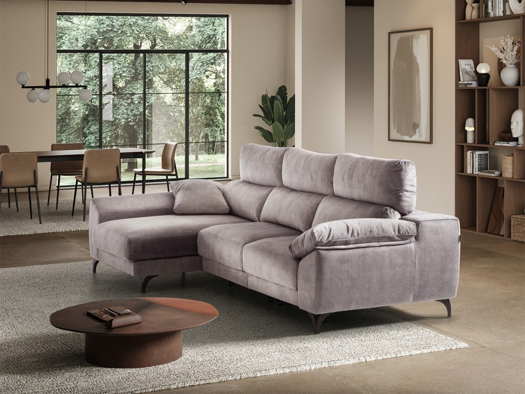 Divano angolare con 2 sedute scorrevoli e chaise longue contenitore scorrevole in tessuto Nora Gris Claro