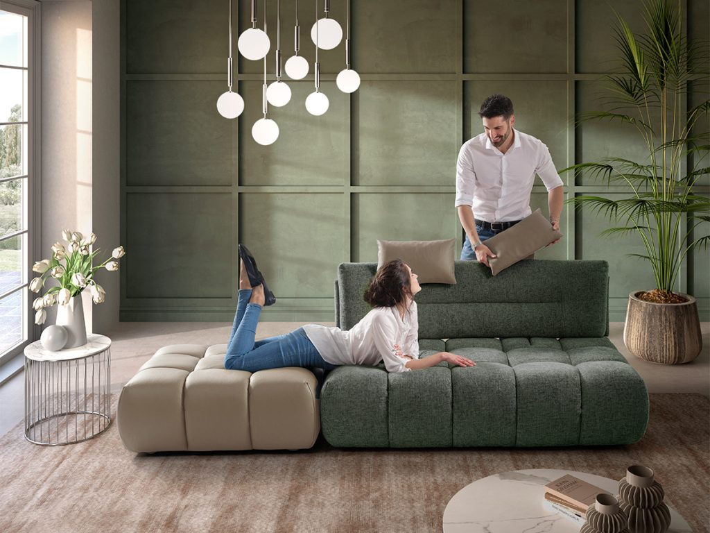 nuvola divano modulare 3 posti con pouff verde