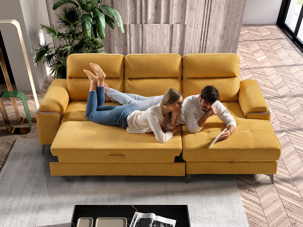 arizona divano angolare con chaise longue contenitore letto delfino estraibile in tessuto microfibra antimacchia idrorepellente giallo