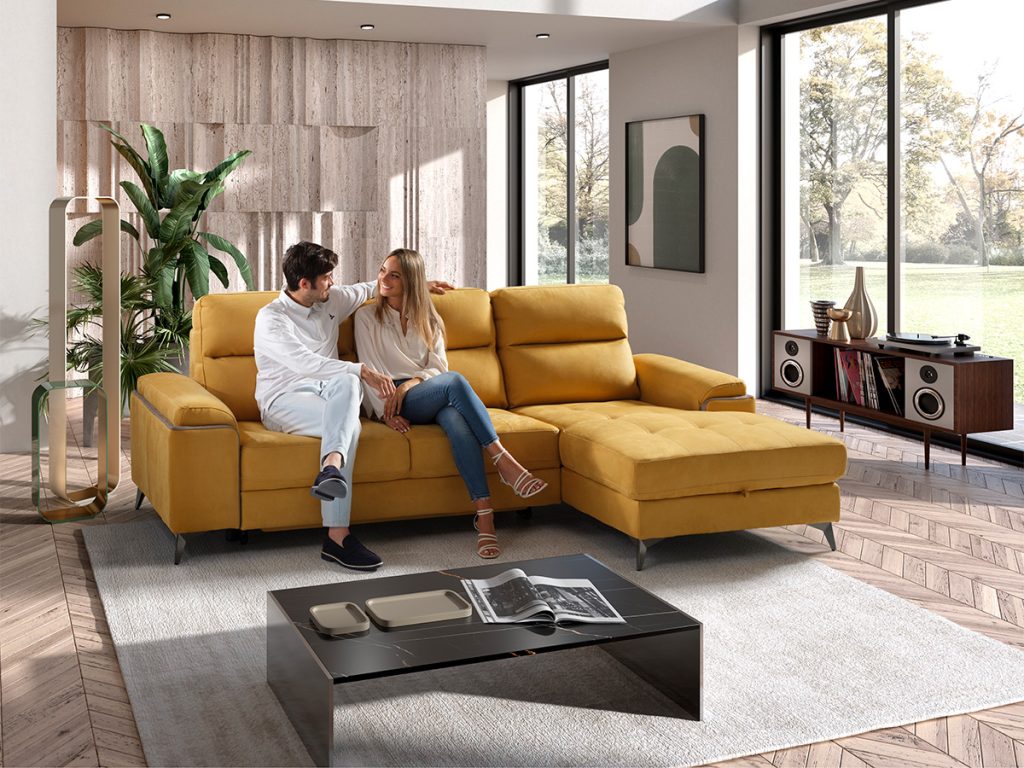 arizona divano angolare con chaise longue contenitore letto delfino estraibile in tessuto microfibra antimacchia idrorepellente giallo