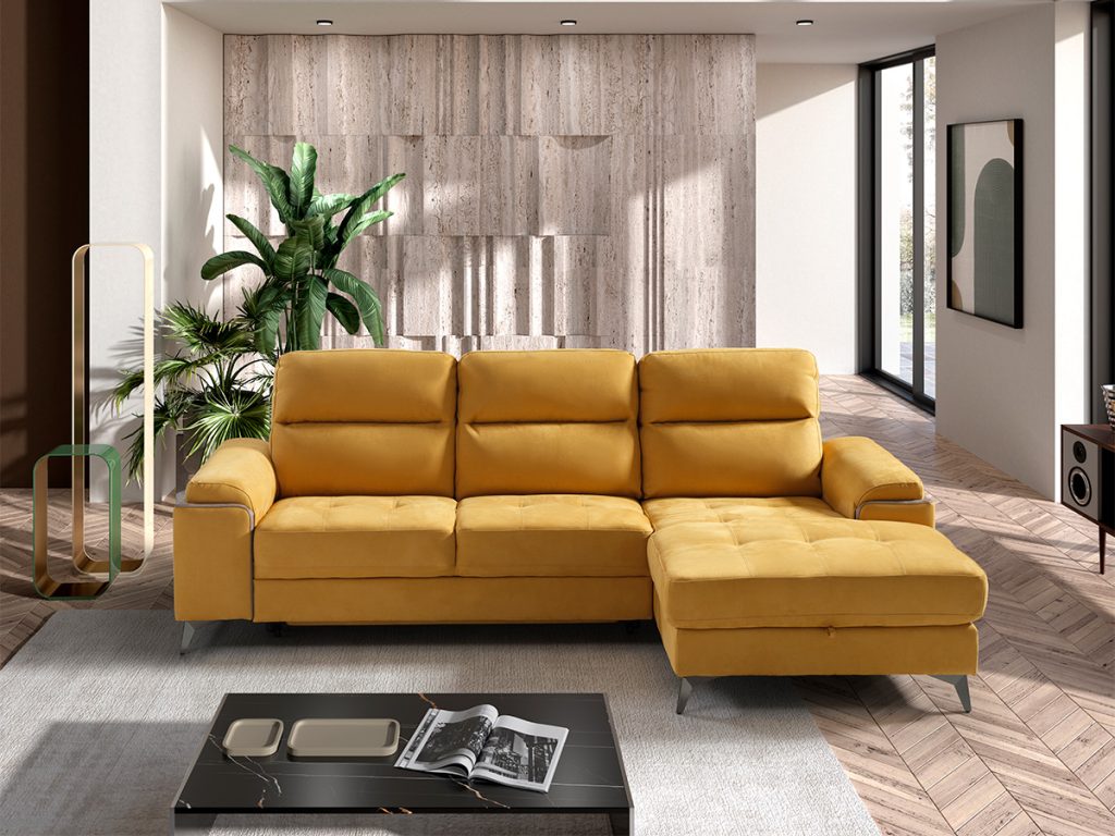 arizona divano angolare con chaise longue contenitore letto delfino estraibile in tessuto microfibra antimacchia idrorepellente giallo