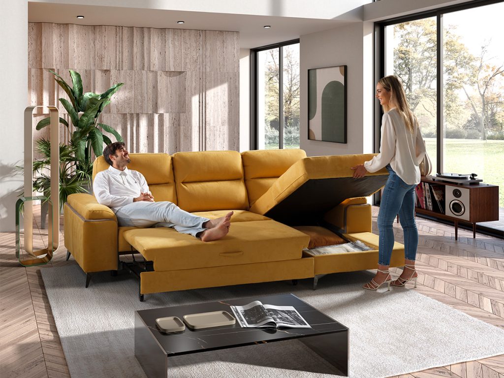 arizona divano angolare con chaise longue contenitore letto delfino estraibile in tessuto microfibra antimacchia idrorepellente giallo
