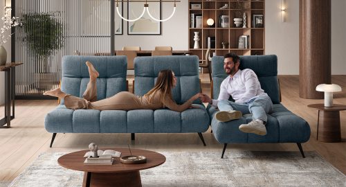 essenza divano componibile bicolore blu e arancio