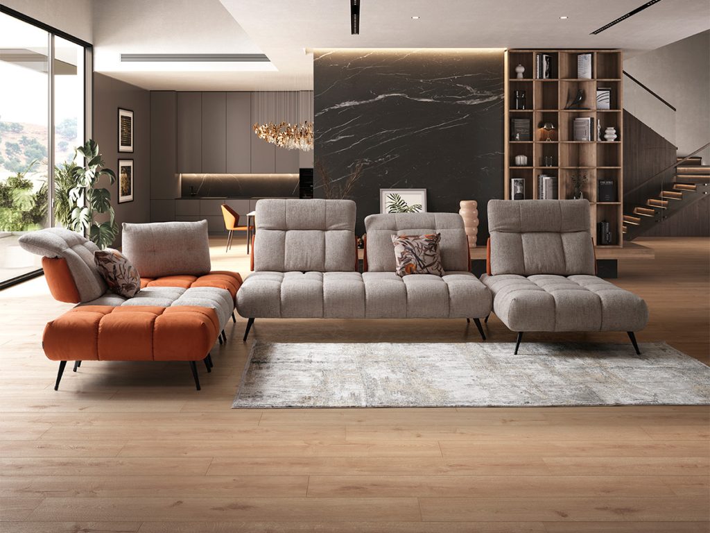 Essenza divano componibile bicolore beige e arancio