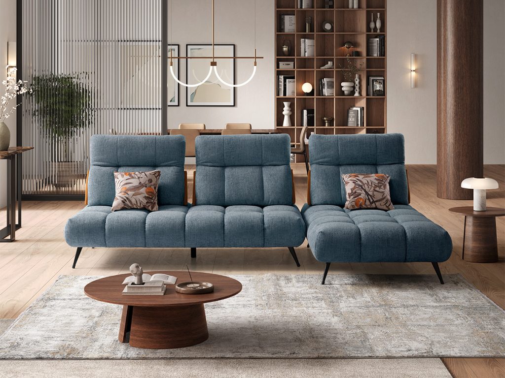 essenza divano componibile bicolore blu e arancio