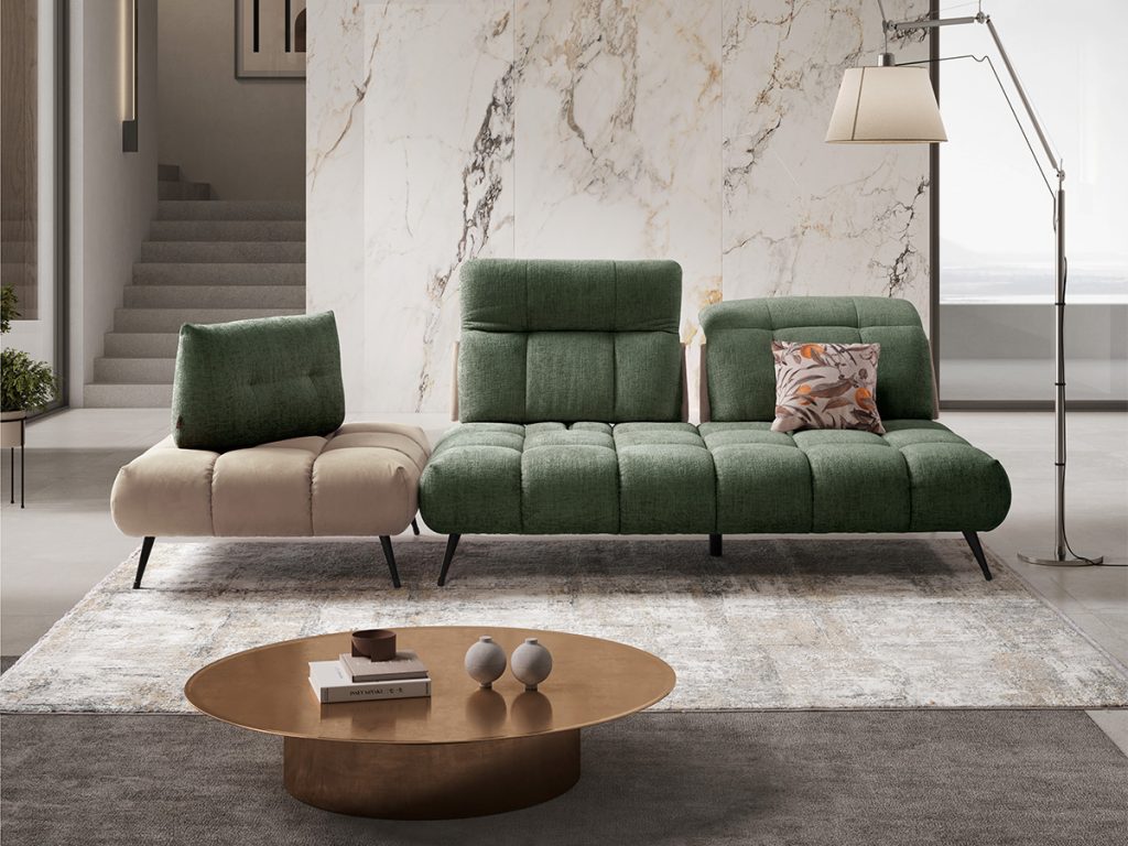 Essenza divano lineare bicolore verde e beige
