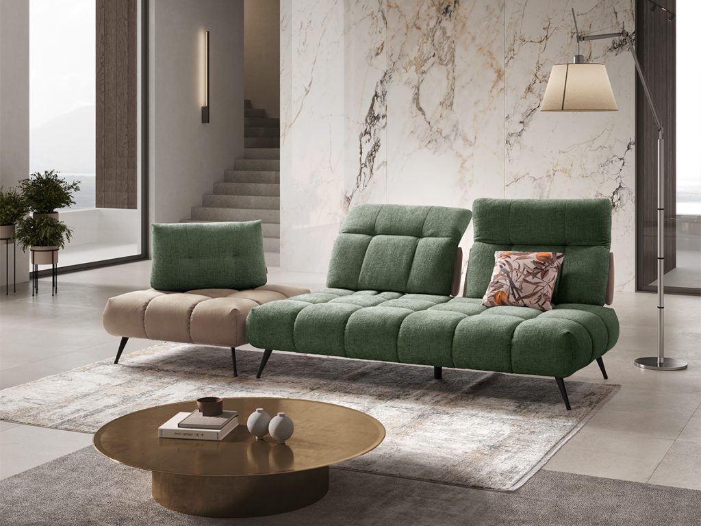 Essenza divano lineare bicolore verde e beige