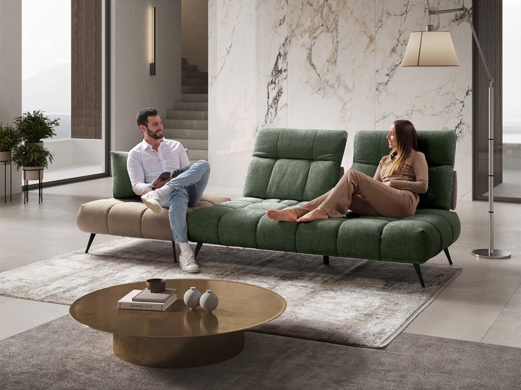 Essenza divano lineare bicolore verde e beige
