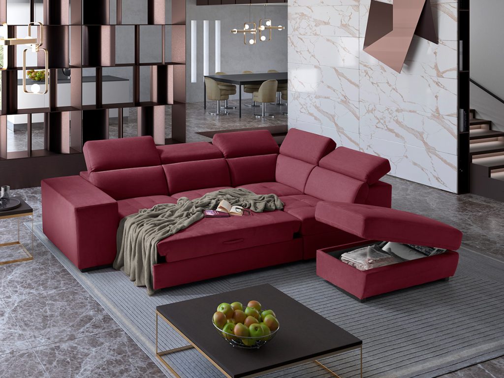 Milos divano angolare con pouf rosso