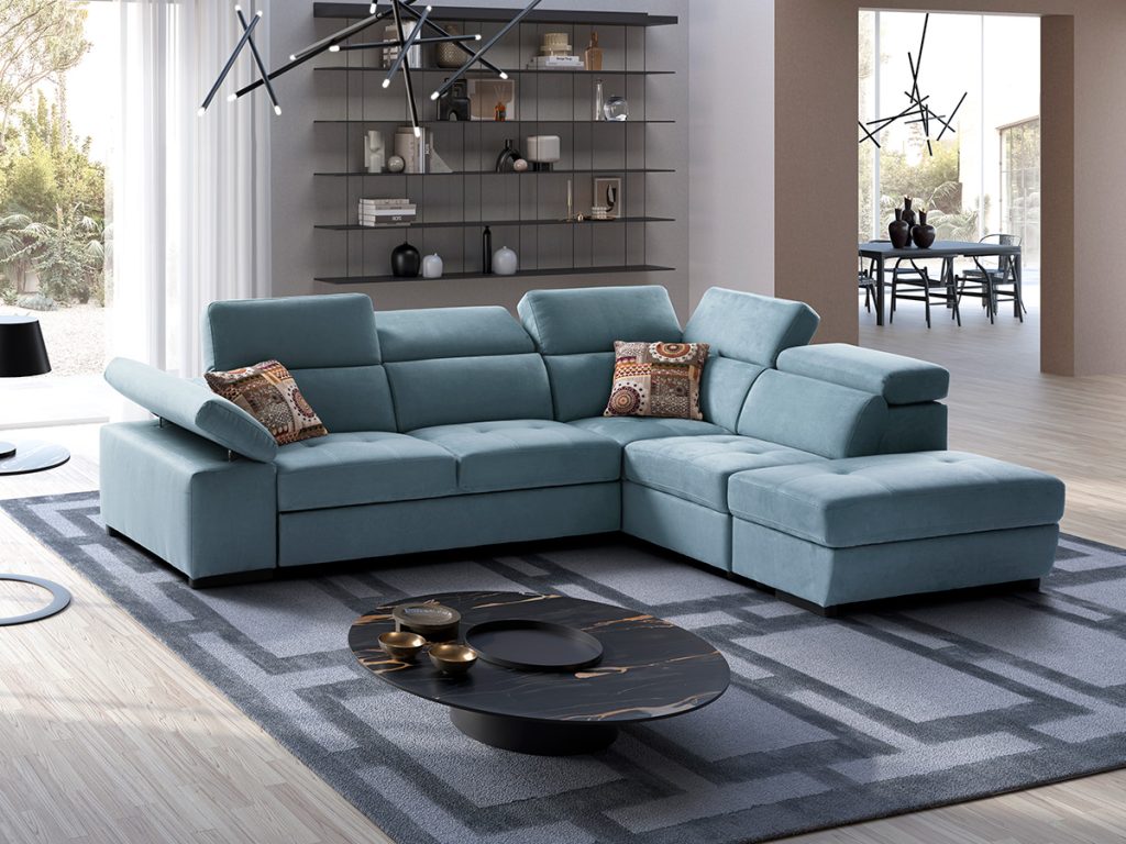 Milos Divano letto angolare con pouf contenitore azzurro