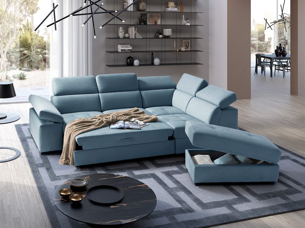 Milos Divano letto angolare con pouf contenitore azzurro